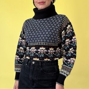Vintage 1980s Floral Patterned Turtleneck Sweater